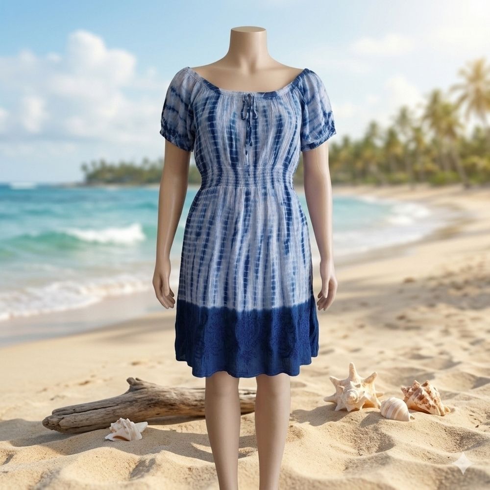 Raya Sun Boho Tie Dye Embroidered Smocked Mini Dress XL Blue White Cotton